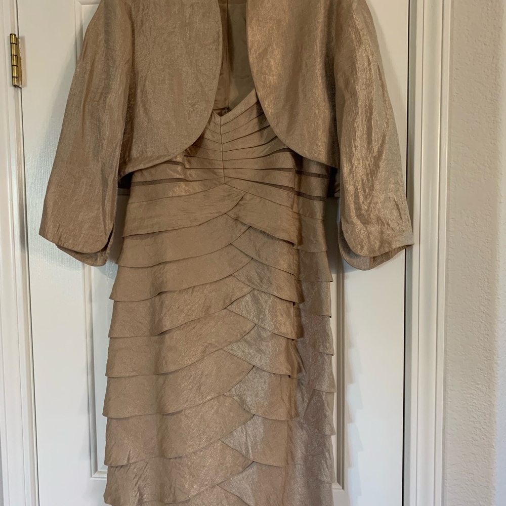 Adrianna Papell gold 3/4 length semi-formal 2-piece dress with jacket.